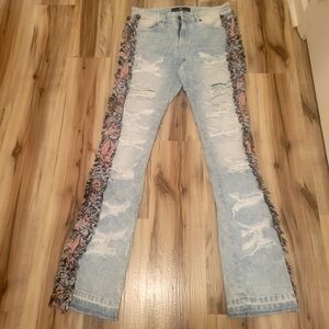 Stacked Jeans Floral Embroidery Size 32